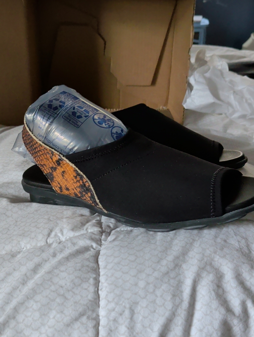 Arche Black Slide Sandals with Brown Snake-Print Accent